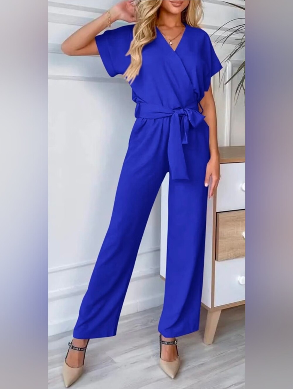 Women's Wide-Leg Jumpsuit with Tie Waist - Royal Blue